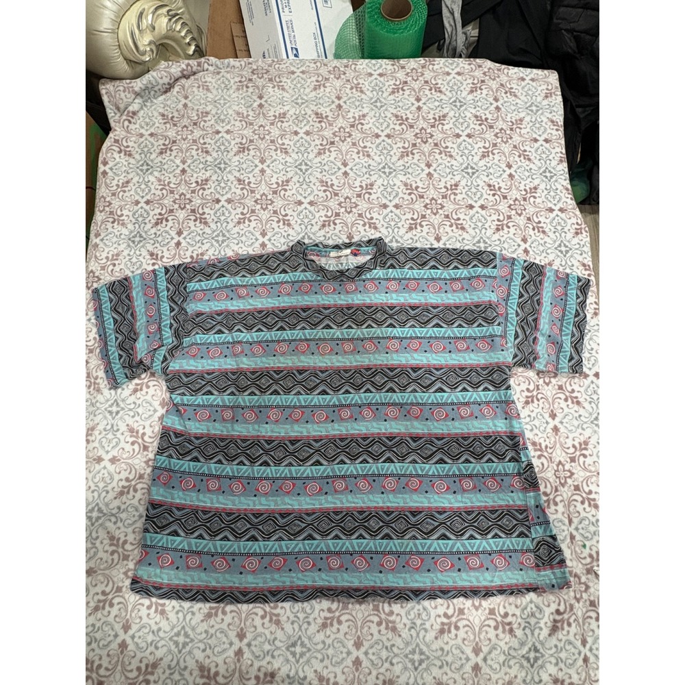 Vintage Kanaka Tribal Geometric Print T-Shirt Mens 4X-Big Made in USA 90s Teal
